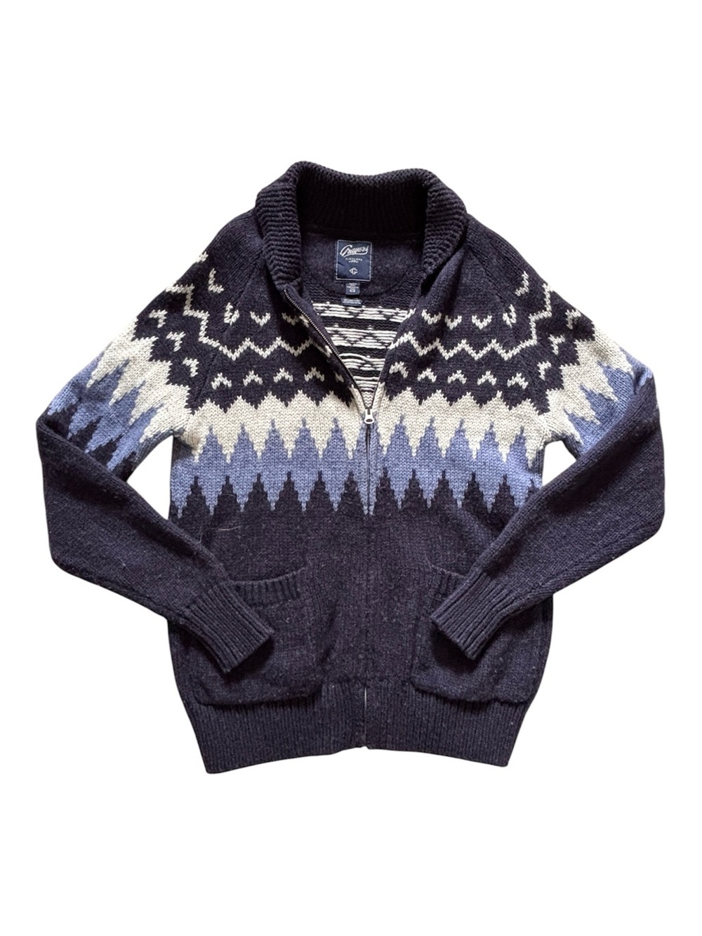 Grayers Full Zip Wool Cotton Cardigan Sweater Fair Isle Blue White